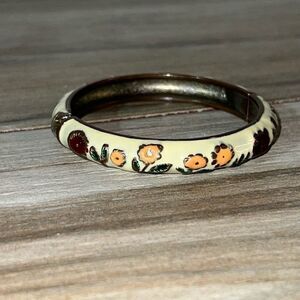 Floral Cloisonné Hinged Bracelet Womens Cream And Multi Colored Cottagecore Boho